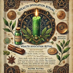 Könnte beinhalten: Illustration eines Reichtums-Beschwörungsrituals. Das Bild zeigt eine grüne Kerze, eine mit "Wealth" beschriftete Flasche, Zimtstangen und Goldmünzen. Der Text enthält "Wealth Invocation Ritual" und Ritualanweisungen.