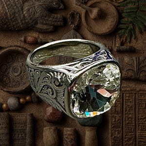 May include: A silver ring with an ornate, engraved band and a large, faceted, clear gemstone. The ring's design features intricate patterns and a polished finish, showcasing a classic jewelry style.
