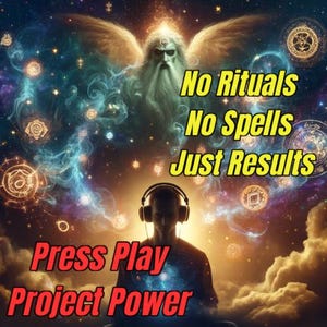 May include: A digital illustration of a person wearing headphones with the text "Press Play Project Power" and "No Rituals No Spells Just Results" in a colourful, celestial background.
