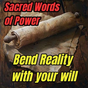 Puede incluir: Un rollo de pergamino enrollado con escritura en él, descansando sobre una superficie de madera. El texto en el rollo dice "Sacred Words of Power" y "Bend Reality with your will".