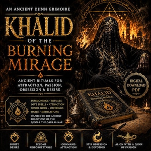 May include: A digital download PDF of "Khalid of the Burning Mirage," an ancient Djinn grimoire. The cover features gold lettering and a burning flame design. The image includes text about rituals for attraction, passion, obsession, and desire.