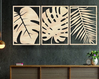 Palm Leaf Wall Art, Leaves Wood Wall Art, Modern Large Palm Leaves 3 Panels decor, Tropical Leaves Wall Decor, Monstera Leaf Wall Art