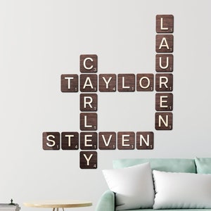 Arte de parede de azulejos de Scrabble, Arte de parede de azulejos com letras de sobrenome, Placa de madeira de família, Arte de parede de Scrabble, Placa de parede com nome, Decoração de quarto infantil de parede 3D
