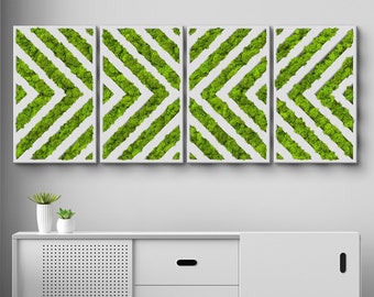 May include: A set of four rectangular wall art panels featuring a repeating chevron pattern of bright green preserved moss and white slats. The panels are arranged horizontally in a row, creating a continuous geometric design across the wall.