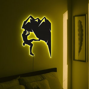 Rock Climber Wood Wall Art with led, Climbing Wall Decor, Adventure Neon Sign, Mountain Hike, Gift for Climber, Led Wall Art Decoration