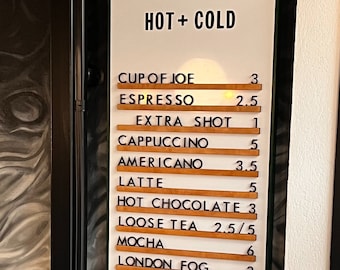 Houten wandmenubord, letterbord, gepersonaliseerd wandmenu, caféletterbord, prikbord met cijfers, cafémenuhouder, bord koffiebar
