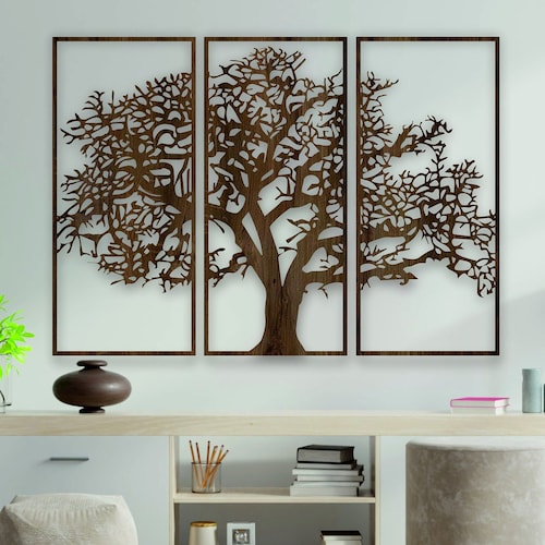 Wood Tree Wall Art Decor Wooden Tree Art 3 Panel Wood Wall Etsy