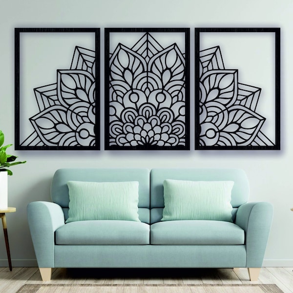 Mandala Wall Art - Ensemble de 3 panneaux en bois Mandala - Ensemble d'art mural en bois - Décoration murale en bois - Tenture murale Mandala