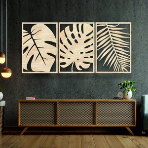 Modern Wood Wall Art Large Leaves 3 Panels decor Geometric Wood Wall Art Abstract Wood Wall Art Native Wood wall decor Wood panel wall art