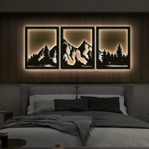 Mountain Wall Art with led, Geometric Mountains neon sign, Mountain Wall Led Decor, Wood Wall Art Mountains, Modern Above the bed decor