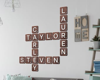 Scrabble wandtegels, familie muur kunst, letter tegels wand decor, achternaam houten bord, scrabble kunst aan de muur decor, 3D-muur housewarming decor