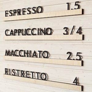 Tablero de madera para pared, tablero de menú de cafetería, tablero de letras intercambiables, tablero de mensajes personalizado de nogal, menú de rieles de panadería, juego de repisas para letras, menú de bar