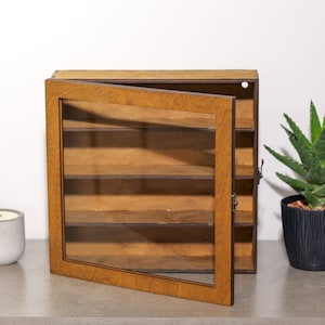 Display shelf case, Wood display case, Display shelves, Display for collectibles, Display case for figures, Display cabinet with glass door