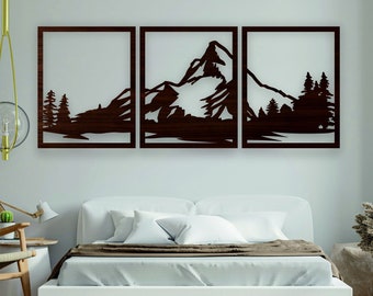 Mountains Wood Wall Art, Mountain Wall Panels Decor, Geometric Forest Mountains panels, Modern Wood Wall Art, Above the bed decor