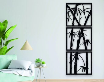 Arte de pared de bambú - Conjunto de 3 paneles de madera de bambú - Conjunto de arte de pared de madera - Decoración de pared de madera - Arte de pared de árbol - Colgante de pared