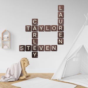 Arte de parede de azulejos de Scrabble, Arte de parede de família, Placa de madeira de sobrenome, Decoração de arte de parede de Scrabble, Decoração de parede de azulejos de letras, Decoração de quarto infantil de parede 3D