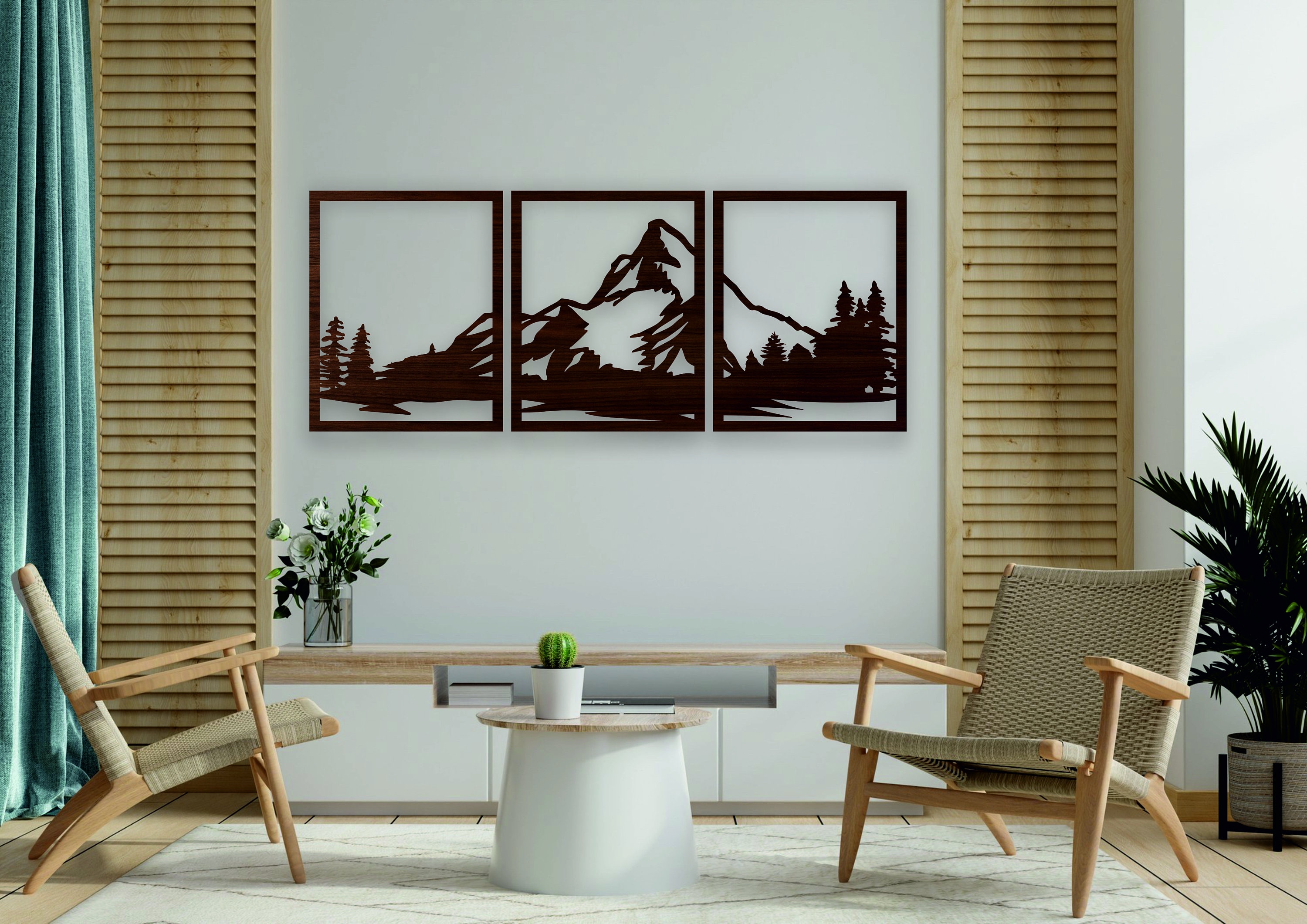 Mountains Wood Wall Art, Mountain Wall Panels Decor, Geometric Forest ...