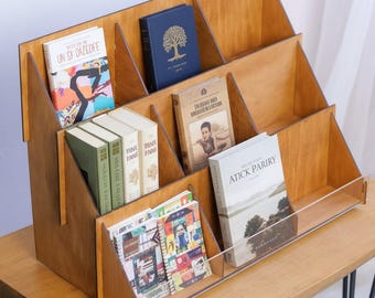 Soporte de madera para tarjetas, estante para libros, organizador de mostrador, estante de exhibición de 3 niveles, estante de exhibición