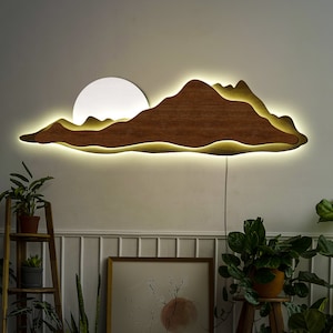 Wood Mountains Wall Art, Mountain Wall Art with led, Wooden Mountains neon sign, Mountain Wall Led Decor, Modern Above the bed decor
