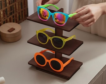 Wooden Sunglasses Stand with Multiple Shelves for Eyewear Organization and Display