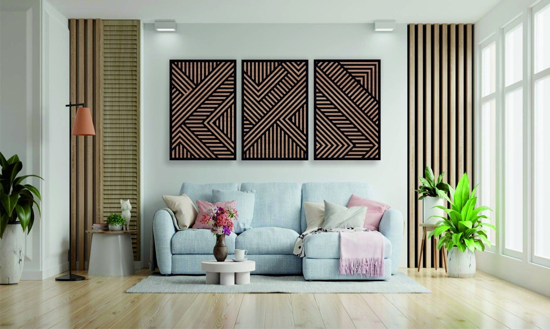 Geometric Wood Wall Art Modern Wood Art Set of 3, Native Wood Wall ...