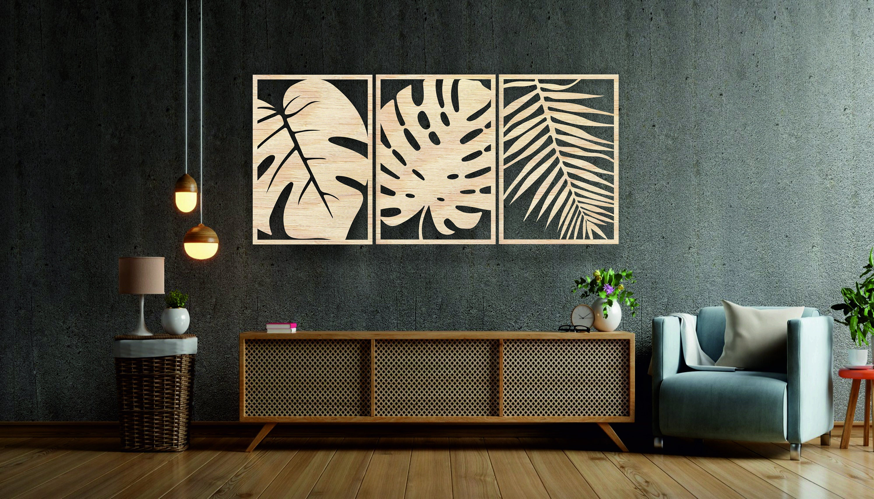 Modern Wood Wall Art Large Leaves 3 Panels Decor Geometric Etsy