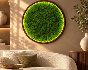 Moss Wall Art, Oversized Round Greenery, LED Illuminated Plywood Panel, Custom Name Sign