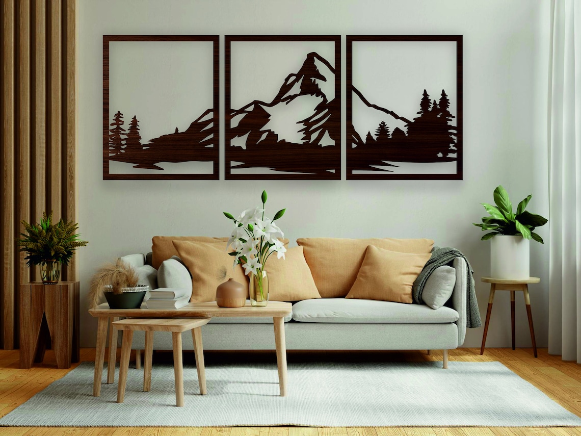 Mountains Wood Wall Art, Mountain Wall Panels Decor, Geometric Forest ...