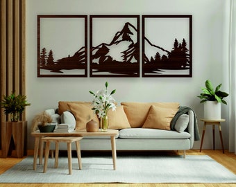 Mountain Wall Art Wood, Geometric Mountains, Mountain Wall Decor, Wood Wall Art Mountains, Wood Panel Wall Art, Modern Wood Wall Art Set