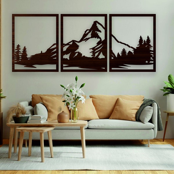 Mountain Wall Art Wood, Geometric Mountains, Mountain Wall Decor, Wood Wall Art Mountains, Wood Panel Wall Art, Modern Wood Wall Art Set