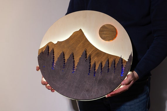 Led Mountains wall decor, Mountains neon sign, Mountain sunset light up sign, Mountains led wood wall hanging art, Mountains wood sign