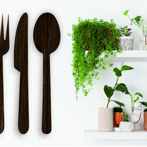 Arte de pared con tenedor, cuchillo y cuchara, juego de 3, juego de cocina, arte de pared moderno de madera, comedor, colgante de pared rústico, regalo para ella, decoración de granja