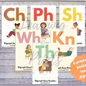 Puede incluir: Se muestran seis libros imprimibles de dígrafos, cada uno con un par de letras grandes como "Ch" y "Sh" en colores llamativos. Ilustraciones de personas leyendo acompañan las letras. El texto "Digraph Easy Reader" y "Learning By Prints" también es visible.