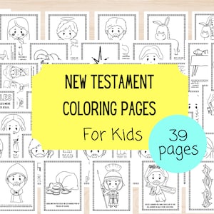 Op de afbeelding: Een set van 39 zwart-wit kleurplaten met verhalen uit het Nieuwe Testament voor kinderen. De pagina's bevatten illustraties van Jezus, de apostelen en andere Bijbelse figuren.
