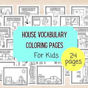 House Vocabulary Coloring Pages for Kids. Educational Coloring Activity Pages for Young Children. Reading Practice Game. Homeschooling Help