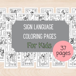 Op de afbeelding: Zwart-witte kleurplaten met gebarentaal voor de getallen één tot en met tien. De pagina's zijn in een collage gerangschikt met de tekst "Sign Language Coloring Pages for Kids" en "37 pages" zichtbaar.