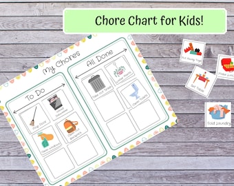 Op de afbeelding: Een kleurrijke takenlijst voor kinderen met de tekst "Chore Chart for Kids!". De lijst is verdeeld in "To Do" en "All Done" secties, met geïllustreerde taken zoals "Mop Floor" en "Take out Trash". Inclusief taakpictogrammen.