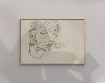 Self Portrait From 1914 By Egon Schiele Original Female Line Art Drawing #581 Retro Poster, Beige, Gray, Nudity Painting, Expressionism