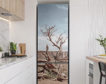 Vinilo para refrigerador con forma de tronco retorcido, adhesivo marrón para refrigerador, decoración para el refrigerador, decoración de la cocina