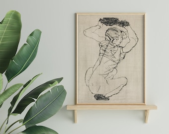 Naked Lady Squatting Woman 1914 By Egon Schiele Original Female Line Art Drawing #552 Retro Poster, Beige, Gray, Body Art, Expressionism