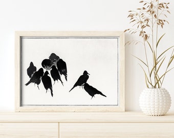 Japanese Crows Wantanabe Seitei #48 Retro Bird Poster, Bird Print, Black, White, Ornithology Print, Wall Prints, Botanical Print