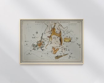 Schaubild Illustration Konstellation Hercules Sidney Hall #8 Astronomical Print, Beige, Gold, Constellation Print, Astrologie Poster