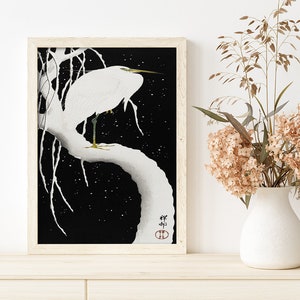 Heron In Snow by Ohara Koson #402 Retro Prints, White, Black, Art Reproduction, Fine Art Print, Retro Japanese Art