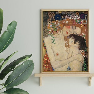 グスタフ・クリムト作「母と子」＃94 有名な絵画、絵画の複製、レトロポスター、オレンジ、カラフル、ファインアートプリント、美術館のプリント