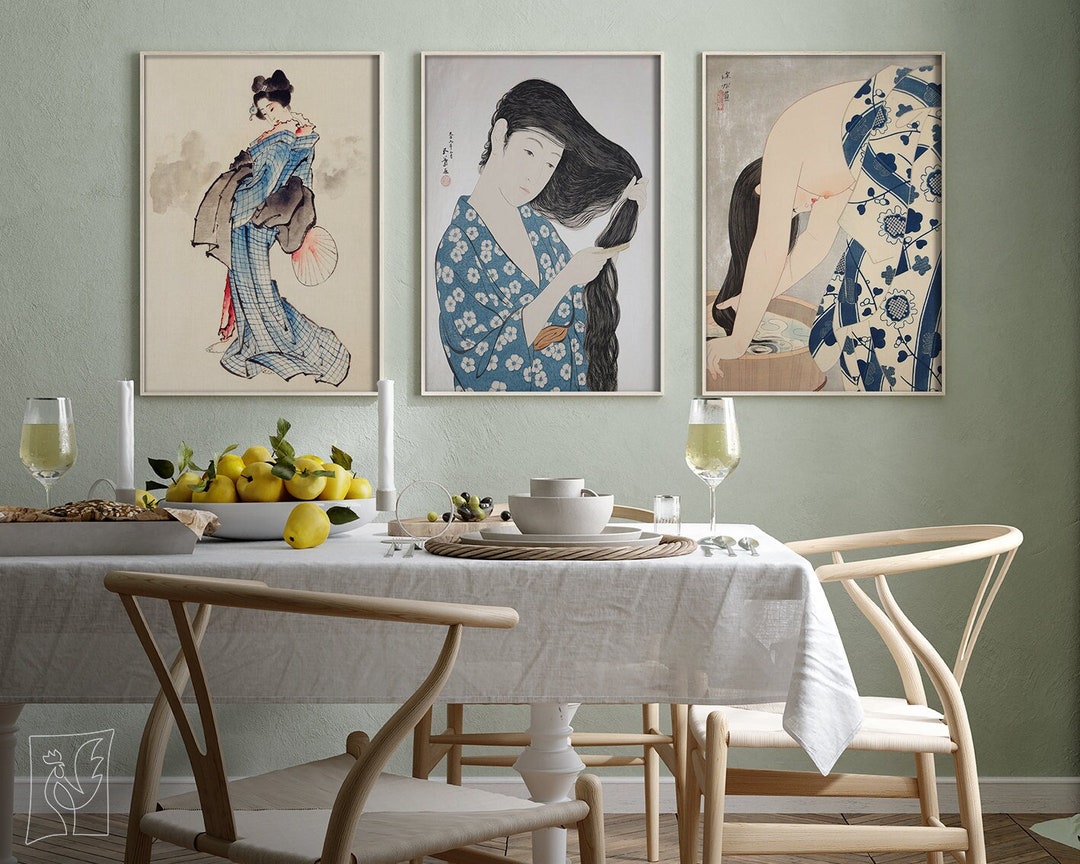 Japanese Geisha Prints Care Treatments #6 Set of 3 Prints, Blue, Beige ...