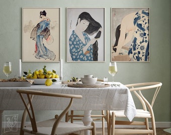 Conjunto de 3 impresiones de geishas japonesas, tratamientos de cuidado, n.º 6, azul y beige, conjunto de póster retro, reproducción de arte, impresión de bellas artes