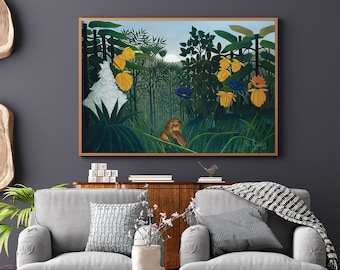 La comida del león de Henri Rousseau #260 Impresiones retro, verde, amarillo, lienzo moderno, reproducción de arte, arte de dibujo antiguo