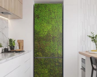 Primer plano de una pegatina de musgo natural para nevera, cubierta verde para la puerta del frigorífico, decoración de cocina, pegatinas estampadas