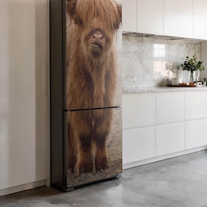 Young Cattle In The Mystical Fog Refrigerator Sticker, Brown Refrigerator Decal, Dining-Room Decoration, Removable Sticker