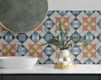 Adhesivos para azulejos con estampado floral geométrico, azulejos autoadhesivos naranjas, adhesivos para azulejos, azulejos de pared de PVC con textura, adhesivos para azulejos de pared